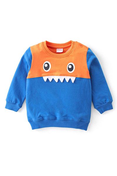 Babyhug Terry Knit Full Sleeves T-Shirt and Cut & Sew Design Lounge Pant Set Monster - Blue & Orange