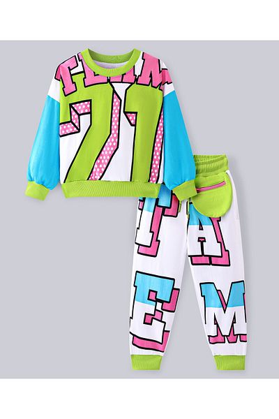 Ollington St. Ollington St. - 100% Cotton Knit Full Sleeves Sweatshirt & Lounge Pants Co-ord Set Text - Multicolor