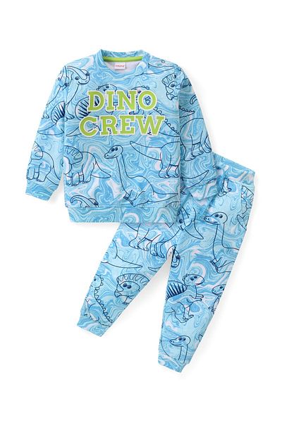 Babyhug Cotton Knit  Full Sleeves T-Shirt & Lounge Pants Set With Dino Print - Blue