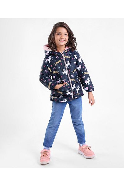 Babyhug Full Sleeves Hooded Fashion Winter Jacket Tiger Print - Blue