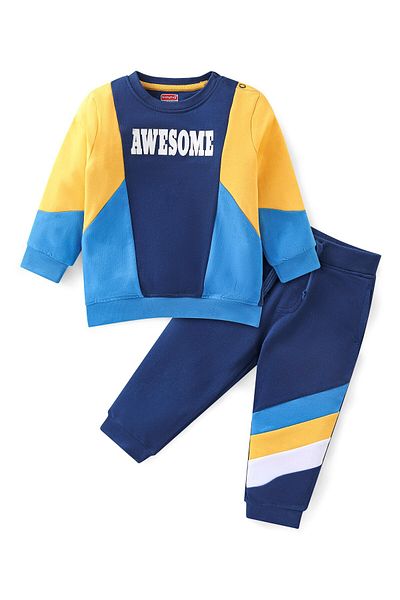 Babyhug 100% Cotton Knit to Knit Full Sleeves Text Printed T-shirt and Joggers Pant-Blue