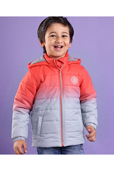 Babyhug Full Sleeves Woven Padded Hooded Jacket With Text Patch - Orange