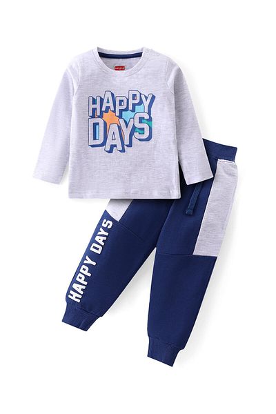 Babyhug Single Jersey Knit Full Sleeves T-Shirt & Lounge Pants Set With Text Print - Grey Blue