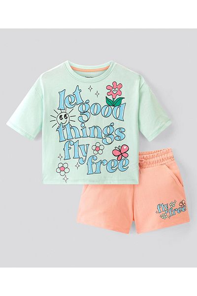 Primo Gino 100% Cotton Half Sleeves Text Print T-Shirt & Shorts Set - Mint & Coral
