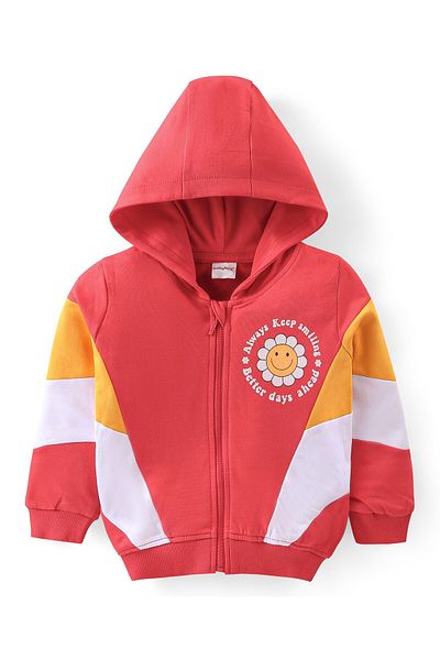 Babyhug 100%Cotton Knit Full Sleeves Hoodie & Lounge Pants/Co-ord Set With Floral Print-Red & Yellow