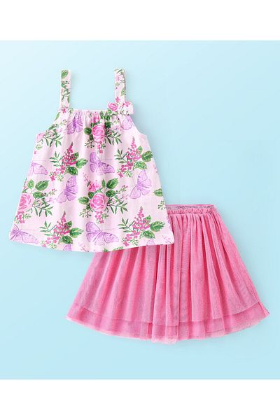 Babyhug 100% Cotton Knit Singlet Sleeves Top & Skirt Set Floral Print - Pink