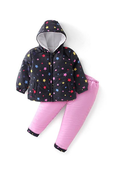 Babyhug Woven Full Sleeves Hooded Puffer Winter Wear Suit With Stars Print - Navy