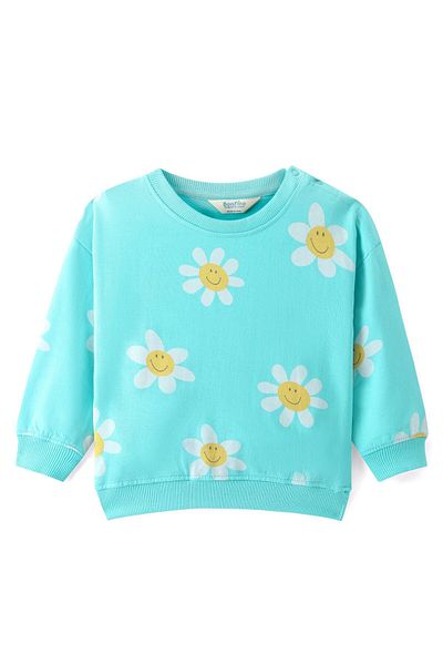 Bonfino 100% Cotton French Terry Knit Full Drop Shoulder Sleeves Sweatshirt & Pant Floral Print-Blue