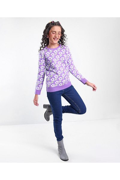 Pine kids Uzun Kollu Örme Kazak çiçek Desenli-Mor