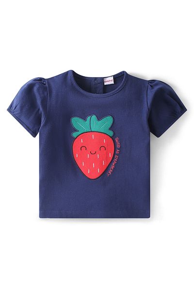 Babyhug Half Sleeves Strawberry Patch Top & Polka Dotted Layered Skirt - Navy Blue & Red