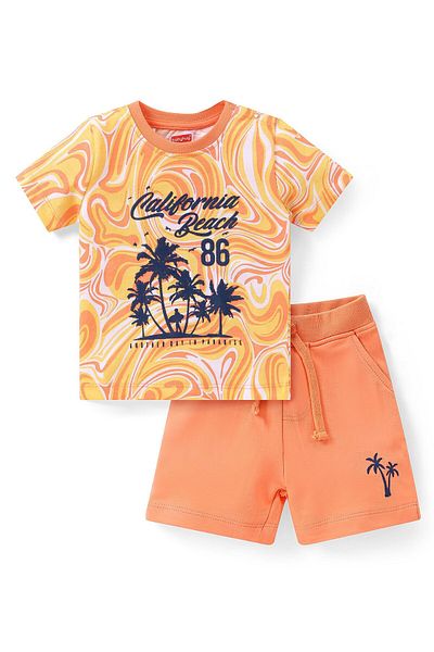 Babyhug Single Jersey Half Sleeves T-Shirt & Shorts Set Beach Themed Print - Orange