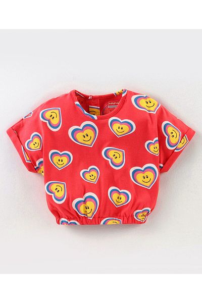 Babyhug Cotton Knit Drop Shoulder Sleeves Top & Denim Skirt Set With Hearts Print - Red & Blue