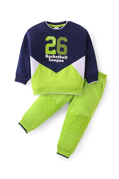 Babyhug Cotton Knit Full Sleeves T-Shirt & Pants/Co-ord Set With Color Block Print - Blue & Green