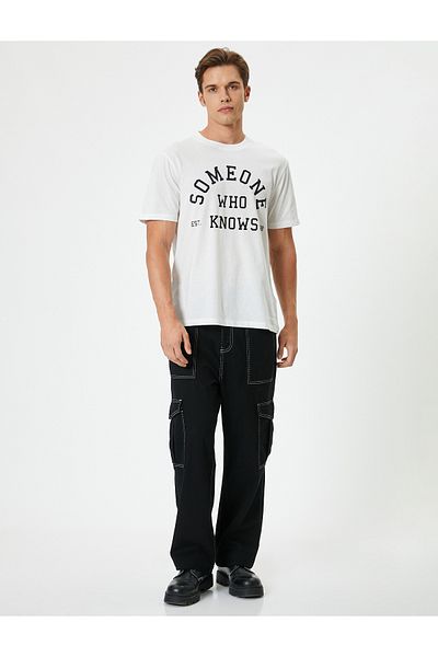 Koton T-Shirt mit Slogan-Print, kurzärmelig, Rundhalsausschnitt, Baumwolle, normale Passform