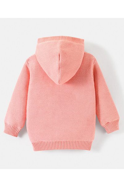 Bonfino %100 Pamuk Örme Uzun Kollu Kapşonlu Kazak Bulut Gökkuşağı Tasarımı- Pembe