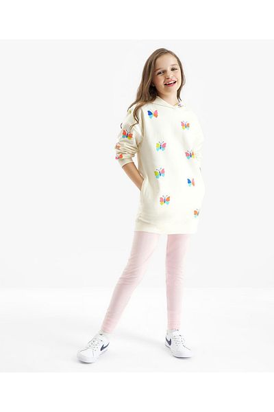 Primo Gino - Girls Cotton Full Sleeves All Over Printed Hoodie With Leggings Set - Ivory