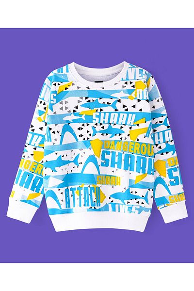 Ollington St. Ollington St. 100% Cotton Knit Full Sleeves Sweatshirt & Joggers Set With Sharks Print-Yellow & Blue