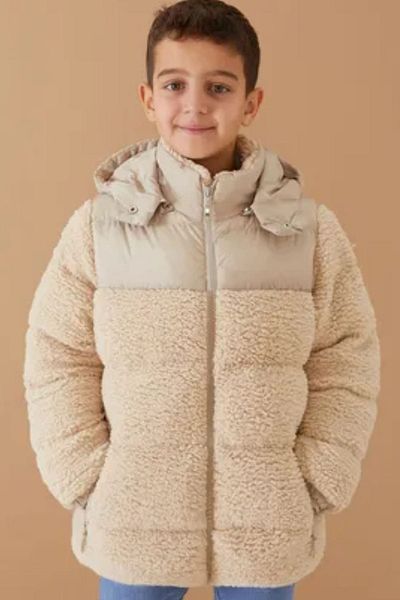 Minigimin Cicileri Boy's Beige Plush Coat - Flowers of My Mini with Hood and Lining