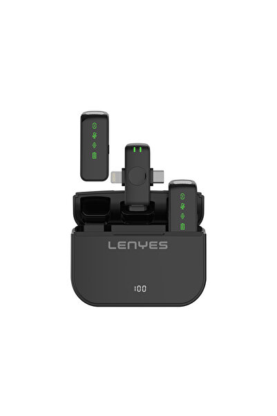 Lenyes LM203 2in1 Type-C ve Lightning Portlu Kablosuz Yaka Mikrofonu Siyah