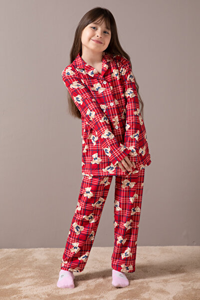 Cansın Mini Kırmızı Ayıcıklı Ekose Desen Kız Çocuk Düğmeli Pijama Takımı 19855
