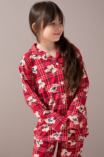Cansın Mini Kırmızı Ayıcıklı Ekose Desen Kız Çocuk Düğmeli Pijama Takımı 19855