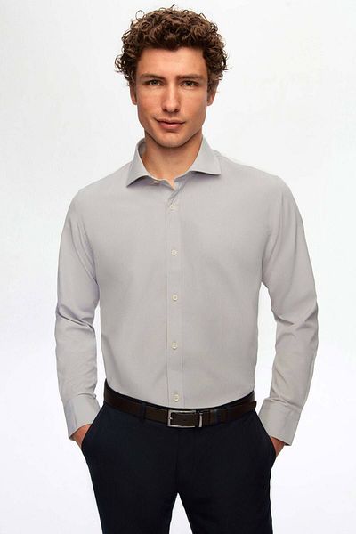 D'S Damat Szürke Slim Fit olasz nyakkendőtartó, hosszú ujjú, könnyen vasalható, légáteresztő A