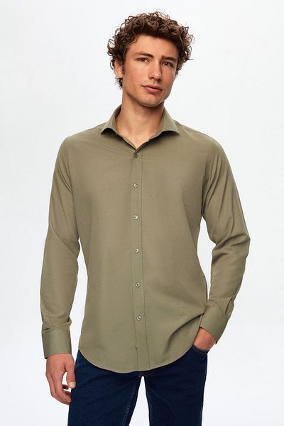 D'S Damat Khakifarbene Slim-Fit-Krawatte mit italienischem Kragen, lange Ärmel, leicht zu bügeln, atmungsaktiv
