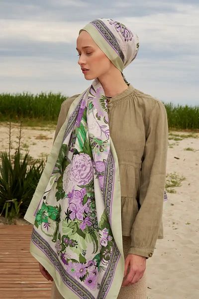 ED Scarf Green Cotton Silk Shawl Painting Pattern