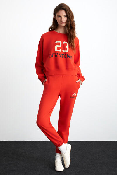 GRIMELANGE Jennıe Kadın Yumuşacık Organik Pamuklu Kumaş Lastikli Paçalı Regular Fit Kırmızı Eşofman Altı