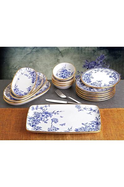 PORLİSMA Blue 15 Piece 6-Person Ceramic Breakfast Cake Presentation Plate Set
