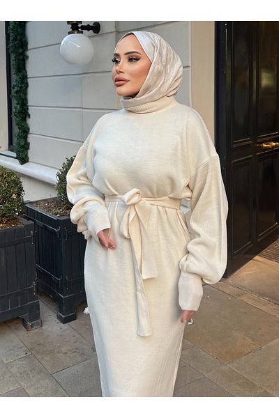 SAHRA BUTİK Balloon Sleeve Belt Dress - Ecru - Sahra Butik