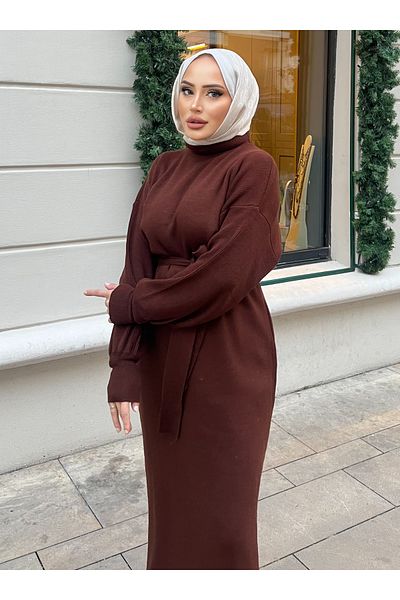 SAHRA BUTİK Balloon Sleeve Belt Dress - Brown - Sahra Butik