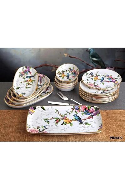 PORLİSMA Flore 15-Piece 6-Person Ceramic Breakfast Breakfast Cake Presentation Plate Set