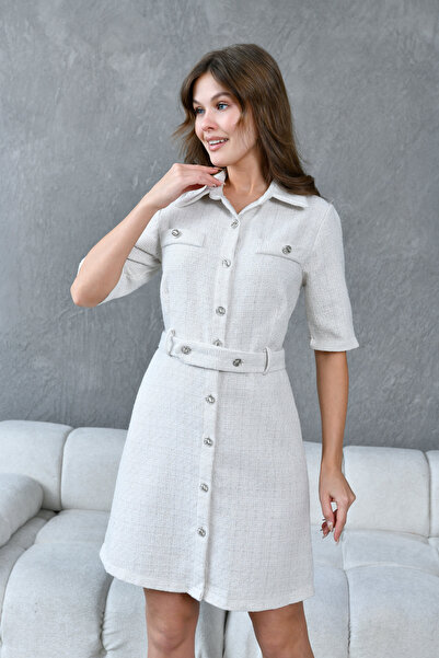 ZISHAN Gömlek Yaka Yarım Kol Tüvit Dokuma Önden Düğme ve Kemer Detaylı Kadın Elbise 025
