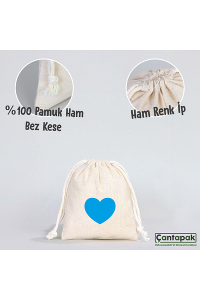 ÇANTAPAK ÇANTAPAK BÜZGÜLÜ HAM BEZ KESE 10 CM EN X 15 CM BOY  (5 ADET ) MAVİ KALP BASKILI