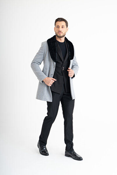 Suitmen Kürklü Yaka Kaşe Kaban - Gri
