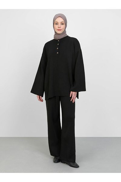 Refka Button Detailed Knitwear Set - Black - Refka