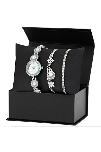 Forentina İncili Gri Metal Kol Saati-İnci Bileklik Kombin Set PS3852
