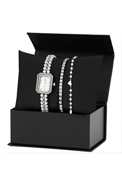 Forentina Gri Metal İncili Kol Saati 2li Bileklik Kombin Set PS3855