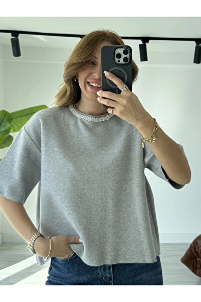 My Blog Šedá blůza Morgana s límcem z drahokamu-4367