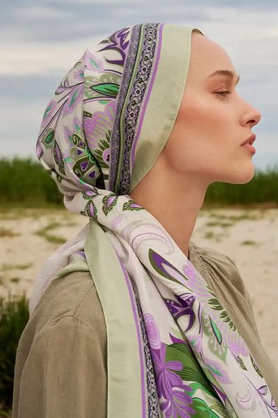 ED Scarf Green Cotton Silk Shawl Painting Pattern