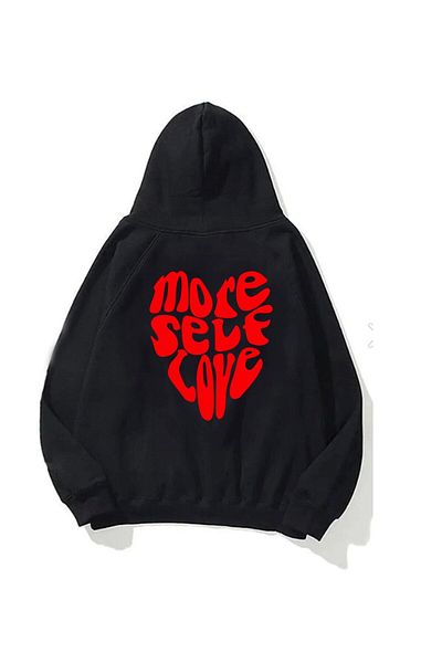The Champ Clothing Μαύρο Fleece More Self Love Printed Unisex φούτερ με κουκούλα