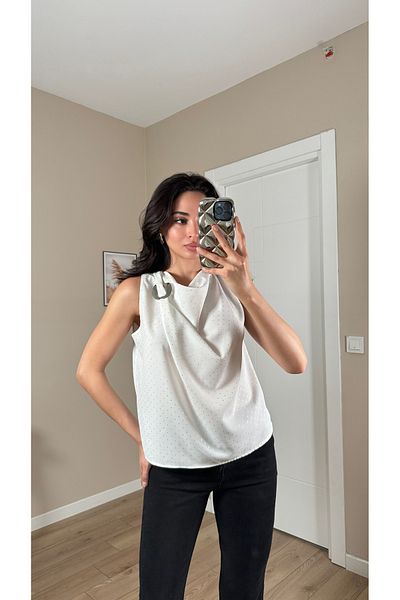 Serica Moda Polka Dot Degaje Collar Blouse with Shoulder Buckle