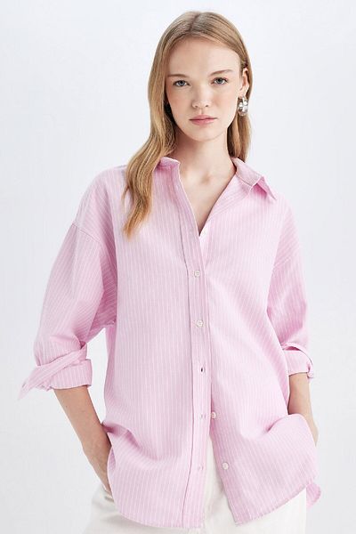 DeFacto Oversize Wide Fit Basic Plain Oxford Long Sleeve Shirt D4015Ax24Au