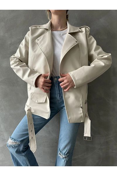 Kirazgym Oversize Γυναικείο Μακρύ Δερμάτινο Μπουφάν Biker