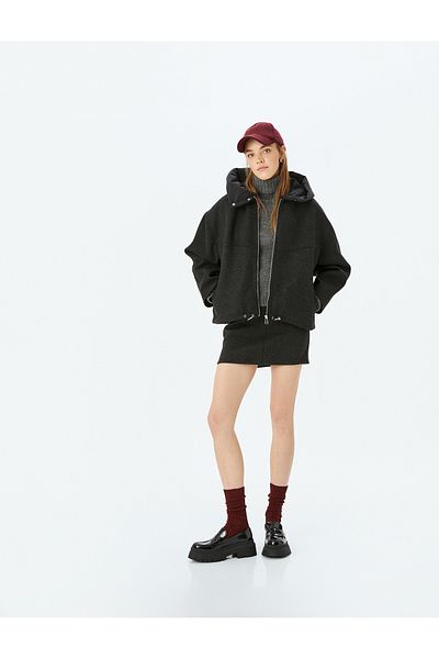 Koton Oversize Jacket with Hooded Zipper Pockets