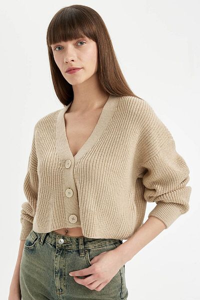 DeFacto Regular Fit V-Neck Basic Plain Buttoned Knitwear Cardigan U2052Az24Au