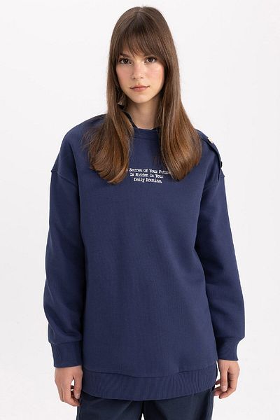 DeFacto Crew Neck Printed Soft Furry Thick Sweatshirt - Regular Fit C5422ax24sp