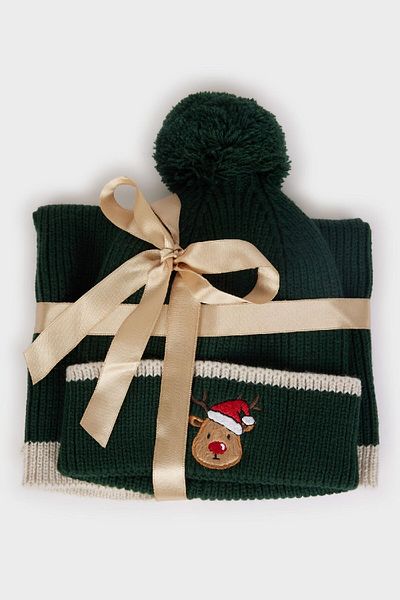 DeFacto Boy's Christmas Themed 2-Piece Knitwear Scarf Beret D1976A824Wn