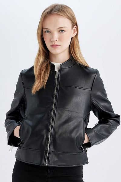 DeFacto Černá bunda z umělé kůže s kapsou na zip Regular Fit D4176Ax24Au